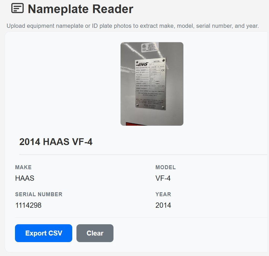Nameplate Reader showing extracted equipment details from a photo