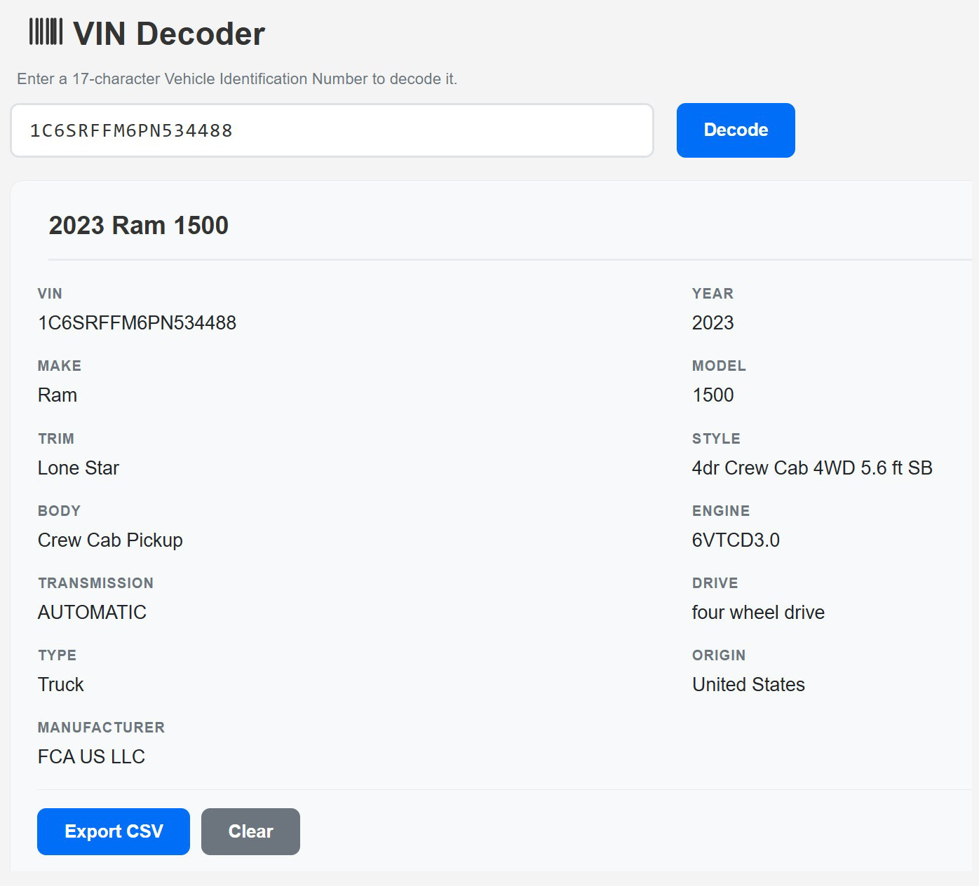 VIN Decoder tool showing decoded vehicle specifications